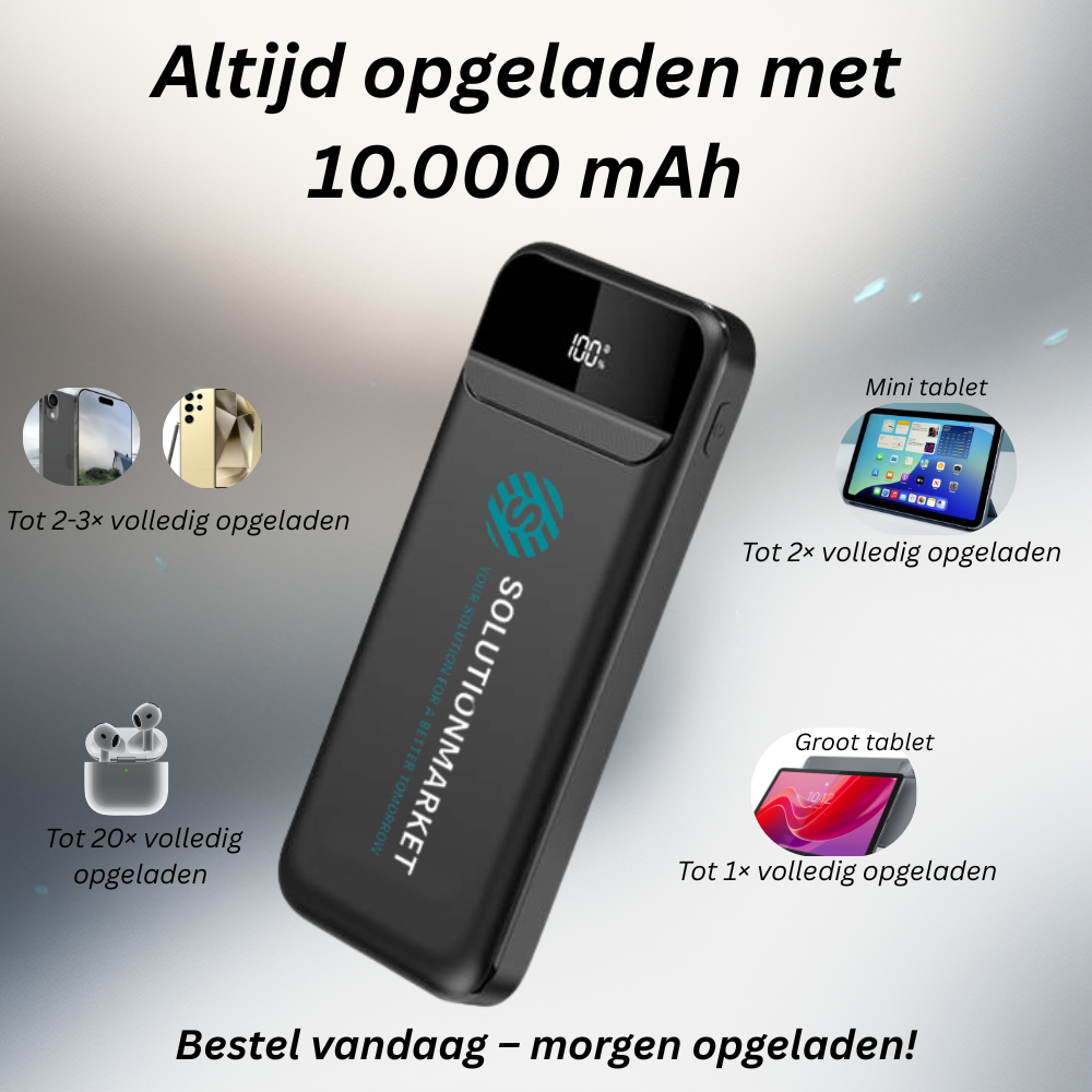 SolutionMarket® Powerbank 10.000 mAh – 22.5W Snellader - USB-A/USB-C - Digitale LED display - Universele Powerbanks Geschikt voor iOS/Android - Zwart